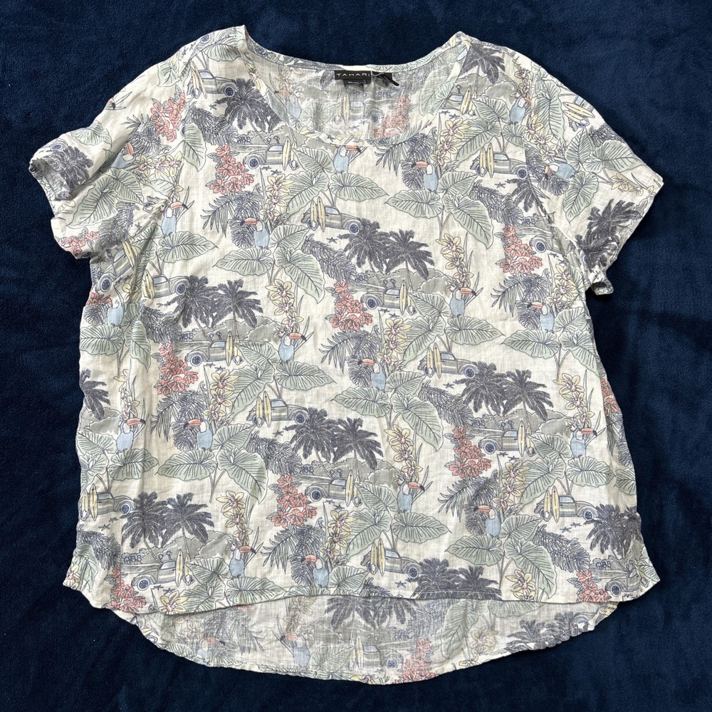 Tahari Womens Linen Top Size 1X Surfing Tropical Beach Print Resort Vacation